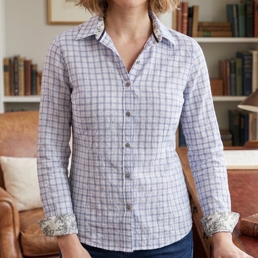 Cop.Copine Blue White Plaid Toile Linen Button Down Blouse French Designer Top